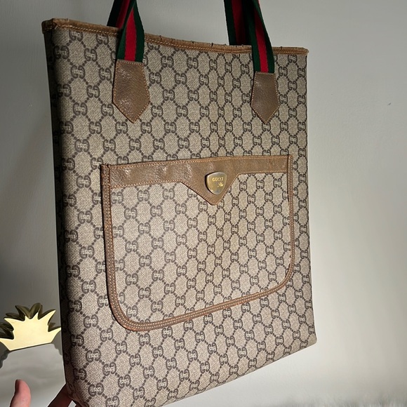 SOLD GUCCI Old Gucci Vintage GG Sherry Line Tote Bag PVC Leather Brown - Picture 12 of 16
